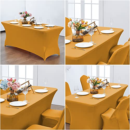 Image of CWK 6FT Waterproof Stretch Spandex Table Cover for Rectangular Tables - Elastic Fitted Tablecloth for Folding Tables,Wrinkle Resistant Table Cloth for Parties, Weddings, Banquets & Events (Gold)