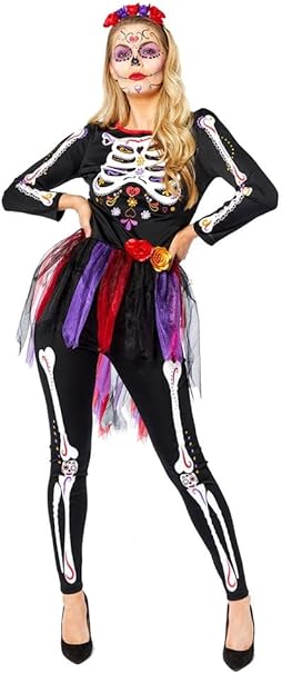 Adults Day of the Dead Skeleton Ladies Halloween Fancy Dress Costume Size: 8-20