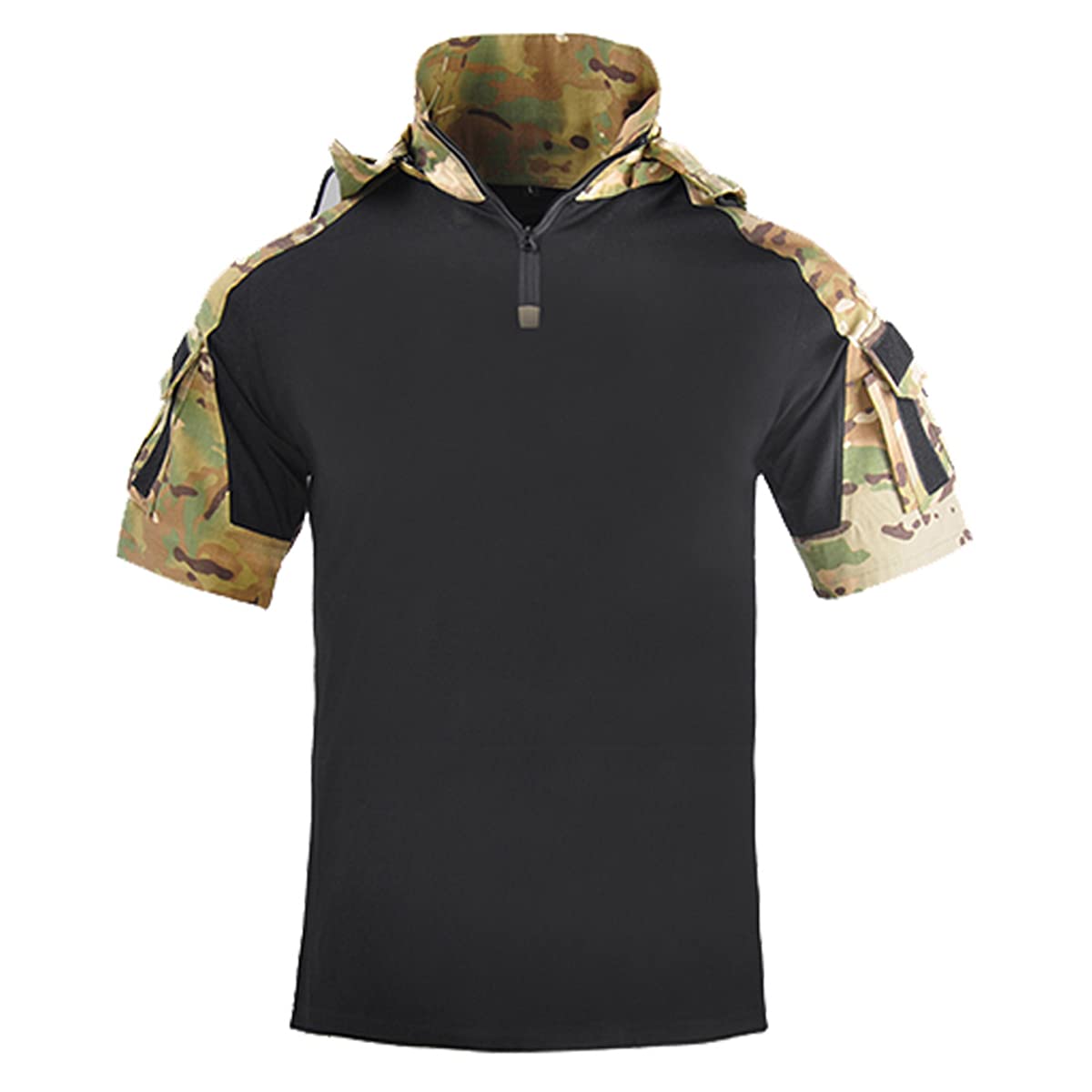 Men's Combat Shirts Tactical Short Sleeve Shirt Cargo Military Airsoft T-Shirt with Hood Outdoor
