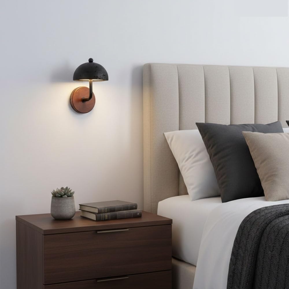 Black Travertine Wall Sconce, Cave Stone Shade, Solid Wood Round Base, Rustic Minimalist Indoor Wall Light for Bedroom, Living Room, Hallway, Staircase, Entryway, Foyer Parlor