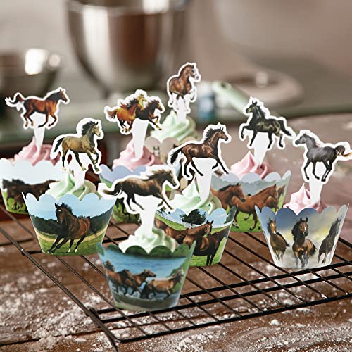 48 Pieces Horse Cupcake Toppers Wrappers, Horses Galloping On The Grassland Cupcake Decoration For Horse Equestrian Themed Party Birthday Baby Shower Wedding Holiday Supplies Favor #TOP4