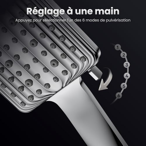VOXON Pommeau de douche haute pression avec flexible de 1,8M, 6 modes buse carrée à économie d'eau, bouton de commande à une main et buse en silicone anti-obstruction, chromé, grand pommeau de douche – vue 2