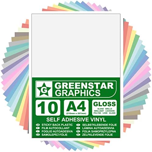 GREENSTAR GRAPHICS GLOSSY A4 STICKY BACK PLASTIC SELF ADHESIVE ART & CRAFT VINYL (10 SHEET PACK). Compatible With 12 Cricut, Silhouette Cameo/Curio/Portrait, Scan N Cut (WHITE GLOSS 10 A4)
