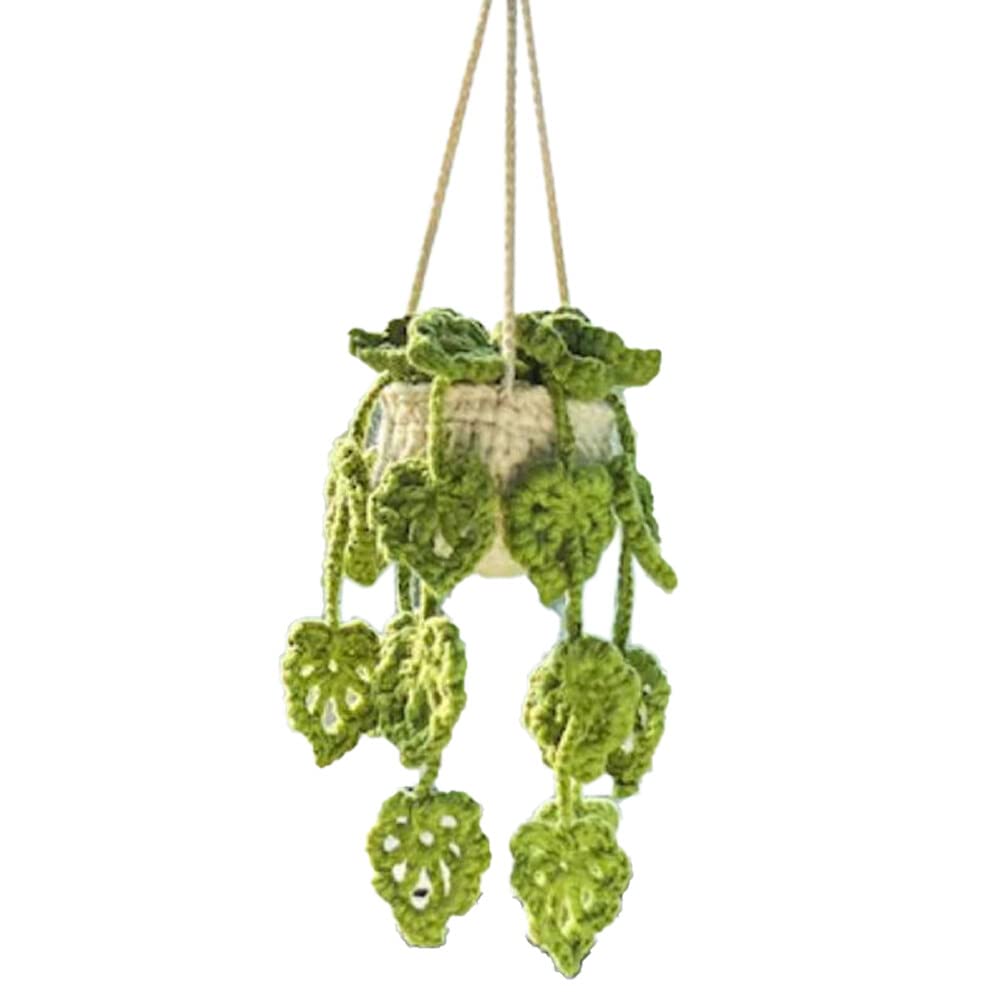 Eforcase Cute Crochet Car Mirror Hanging Accessories, Boho Car Artificial Plants Crochet Ornament Rear View Mirror Accessories Plant Crochet Hanging Basket Car Ornament Interior Car Charm