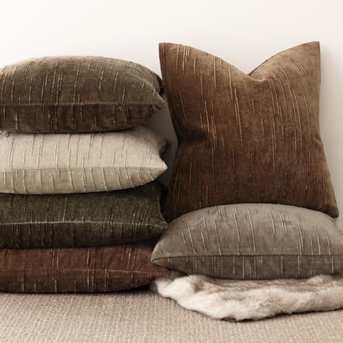 Image of Foindtower Pack of 2 Slubby Textured Chenille Throw Decorative Pillow Covers Square Accent Solid Cushion Cover Neutral Farmhouse Pillow Case for Couch Sofa Bedroom Living Room 24x24 Inch,Dark Bronze