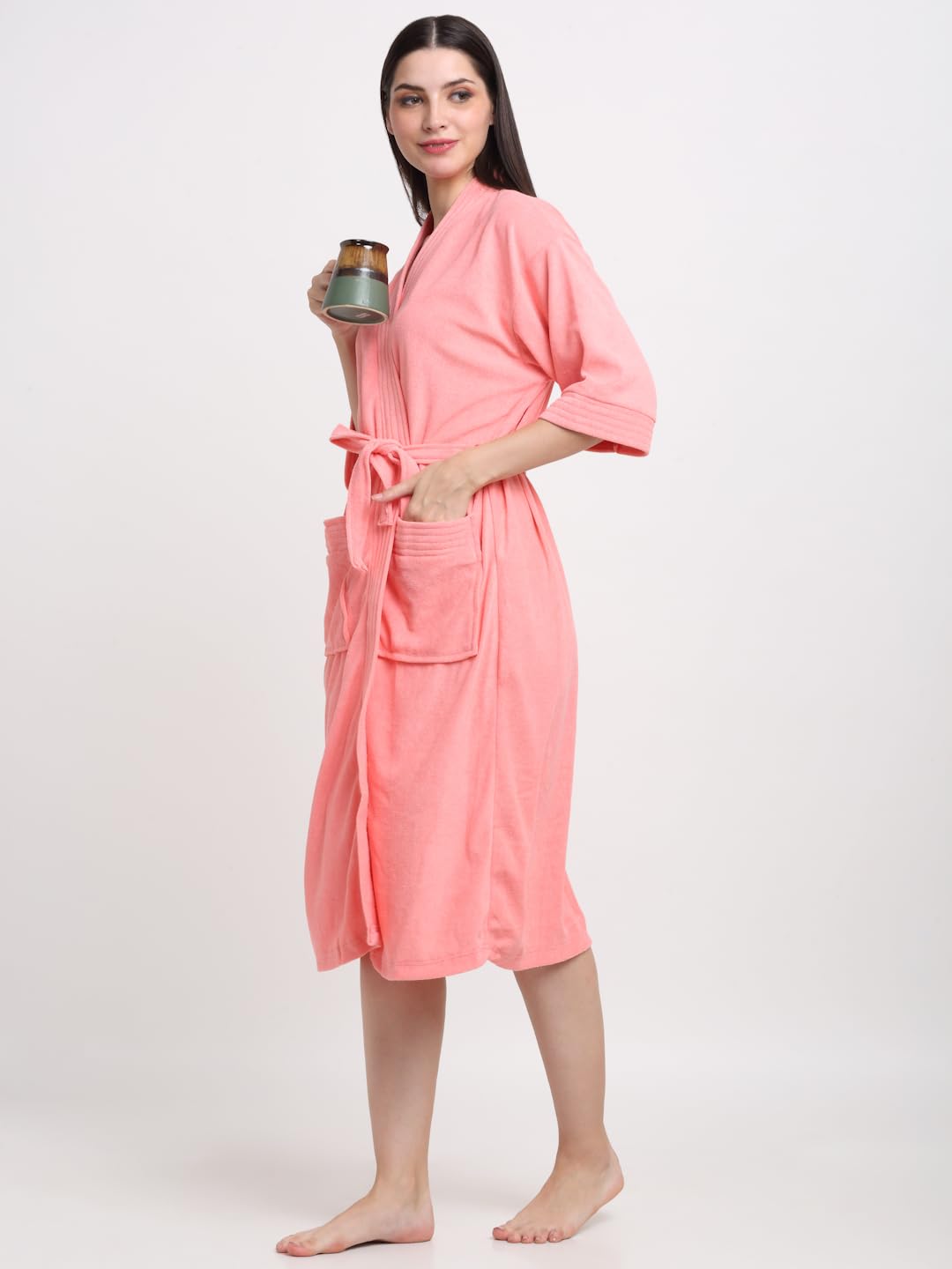 CREEVA Everyday Unisex Micro Terry Bathrobe Collection With kimono collar and 2 Pocket, 3/4 Sleeve Bath Robe Super Soft Light Weight - Peachy Pink - Image 4 thumbnail