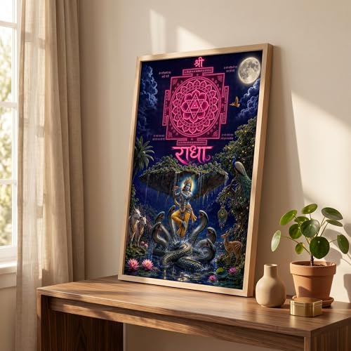 Image of Livin'luxe Radha Krishna Shree Yantra Wall Painting for Living Room Bedroom Pooja Room Decor with Premium Wooden Color Synthetic Frame, Spiritual Hindu Art Gift (13.5 x 19.5) NM01-4084