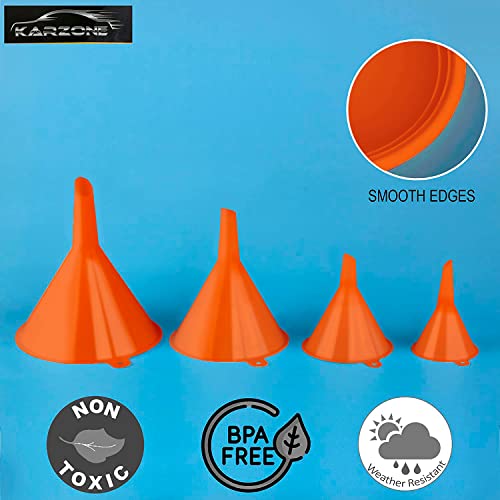 Image of Oil Funnel Set (Orange, 4-Pack) - Plastic Funnels for Automotive Use - Funnels for Kitchen Use Filling Bottles and containers - Funnel for Water Bottles, Gas, Car Oil, Lubricants and Fluids
