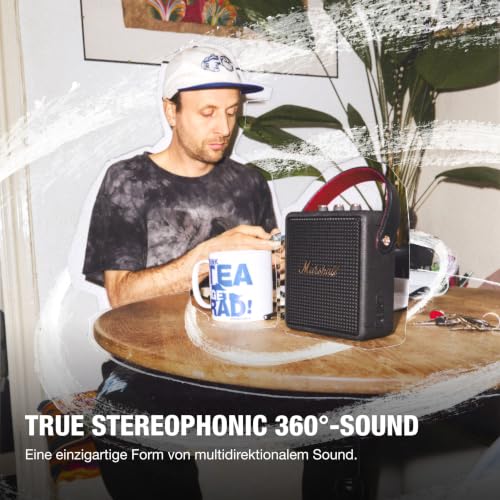Marshall Stockwell III Tragbarer Bluetooth-Homelautsprecher – True Stereophonic 360°-Sound | Staub- und wasserfest | Über 40 Stunden kabellose Spieldauer | Ladefunktion - Black and Brass