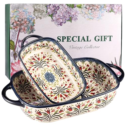 Moqidadii Ceramic Baking Dish Set of 2 – Polish Style Hand-Painted Bakeware for Casserole & Gift (Parent Listing – 5 Patterns) (Olive Garland)