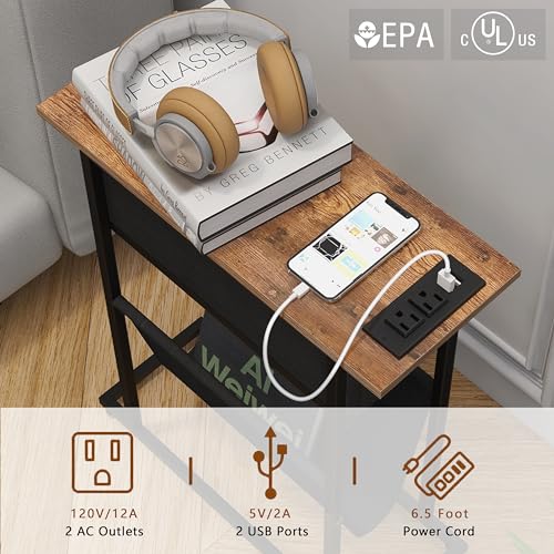 Image of EXOTICA Small Narrow End Table with Charging Station and USB Ports Slim Sofa Side Table with Fabric Drawer Record Stand Vinyl Regal Storage for Small Space in Living Room Bedroom Rustic Brown