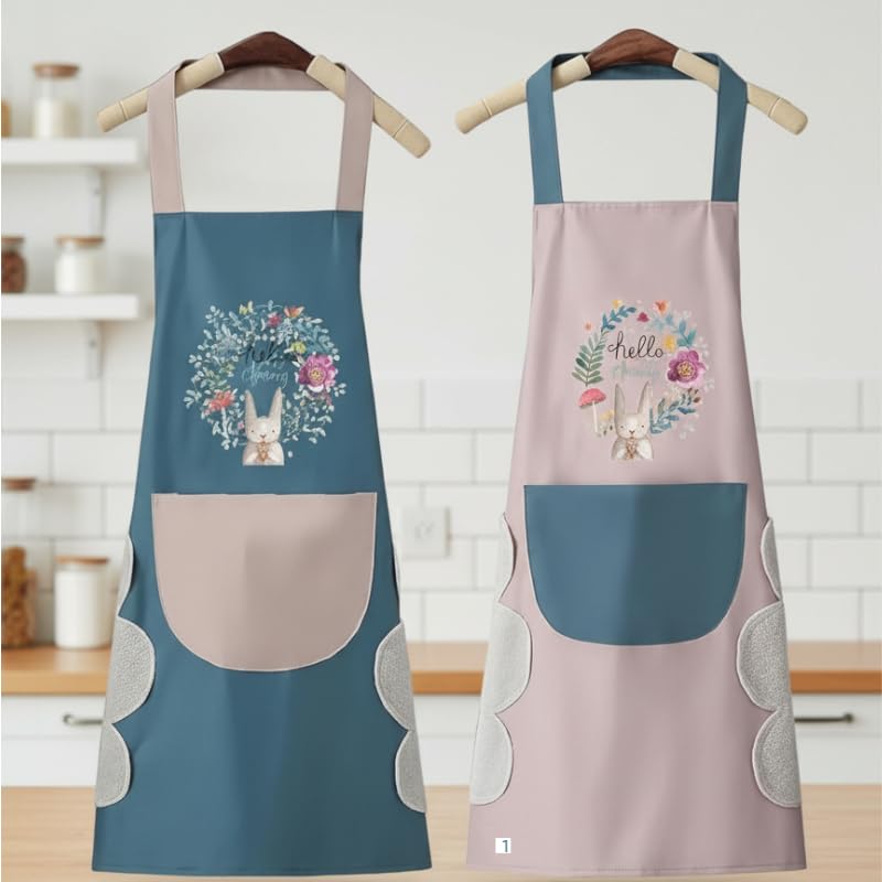Image of VELVERI Waterproof Kitchen Cooking Apron for Women Men | Adjustable Bib with Hand Towel Wiping Patch | Large Pocket Oil & Stain Resistant | Cute Cartoon Rabbit Design