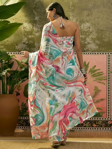 Image of SIRIL Women's Cotton Linen Printed Zari Border Saree with Unstitched Blouse Piece