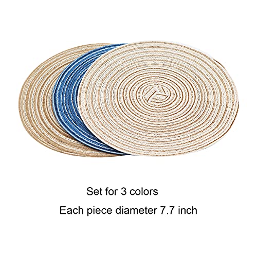 Bbiamsleep 3 Pcs 7.7 Inch Diameter 1:6 Dollhouse Braided Indoor Area Rug Hand Woven Area Carpet Round Beige Wheat Blue Rugs Natural Rustic Vintage Braided Durable Rug Eco Friendly #TOP1