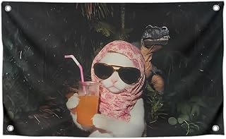 3x5 Ft Single Sided Polyester Cat cat with A Cocktail Meme Flag with Four Brass Grommets - Wall Poster for Dorm Girls - Cool Apartment or Garden Decor for Indoor or Outdoor Use - Dinosaur Wall Decor