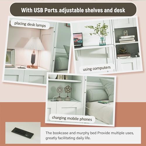 Linique 61.5-inch Full Size Murphy Bed,Folding Wall Bed Cabinet Bed with Desk Combo Perfect for Guest Room, Study, Office,Antique Grey White - Thumbnail 4