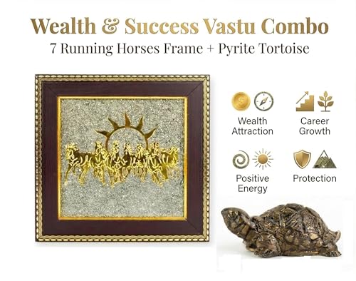 Image of 7 Horses on Raw Pyrite Frame & Pyrite Tortoise (Kachhua) Combo | Vastu Feng Shui Wealth, Money, Good Luck Decor for Home Office Gift