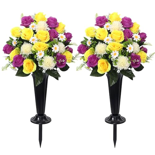 Wocst Cemetery Flowers for Grave Artificial 24 Heads Large Chrysanthemums Rose Daisy with Cemetery Vase Artificial Cemetery Flowers for Outdoor Grave Decorations (Purple 24 Head)