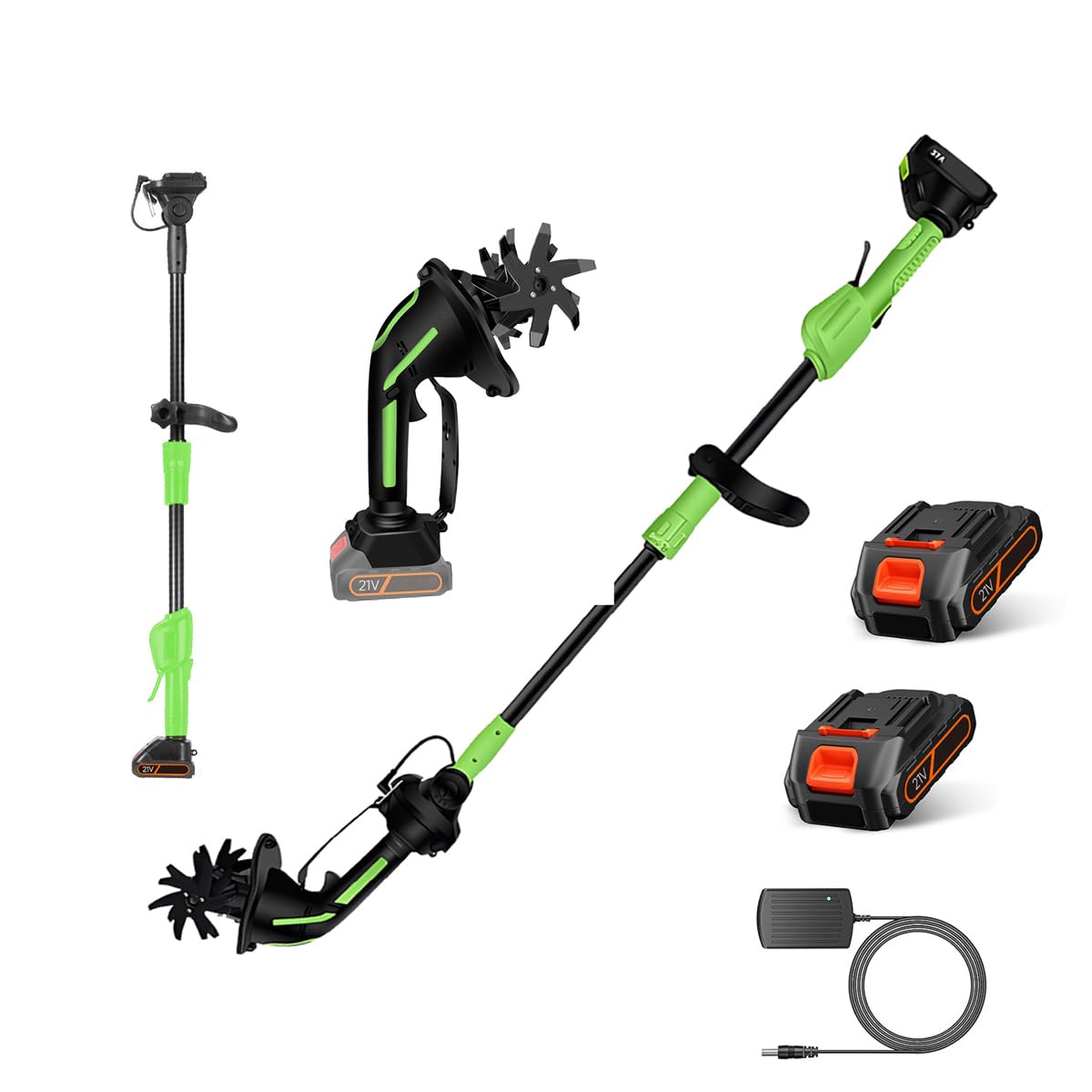 Motoazada Electrica,Mini Motoazada Portátil Varilla De Extensión Desmontable De 1,3m,Ancho De Labranza 10cm, Profundidad De Labranza 10 Cm,Baterías 3000 Mah,2300RPM, Para Huertos y Patios (2 baterías)