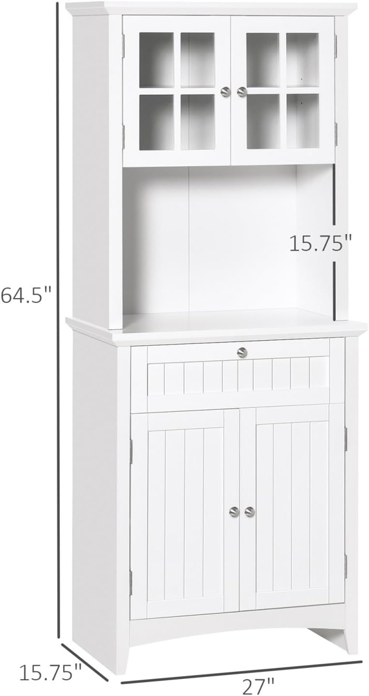 Elegant Buffet with Hutch, Kitchen Pantry Storage Cabinet with Framed Glass Door Drawer and Microwave Space, White,for The Kitchen