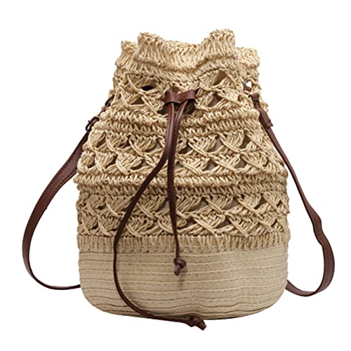 Owgsee Straw Bucket Bag For Women, Summer Woven Beach Bag Drawstring Hobo Bucket Purses Handbag For Vacation cover