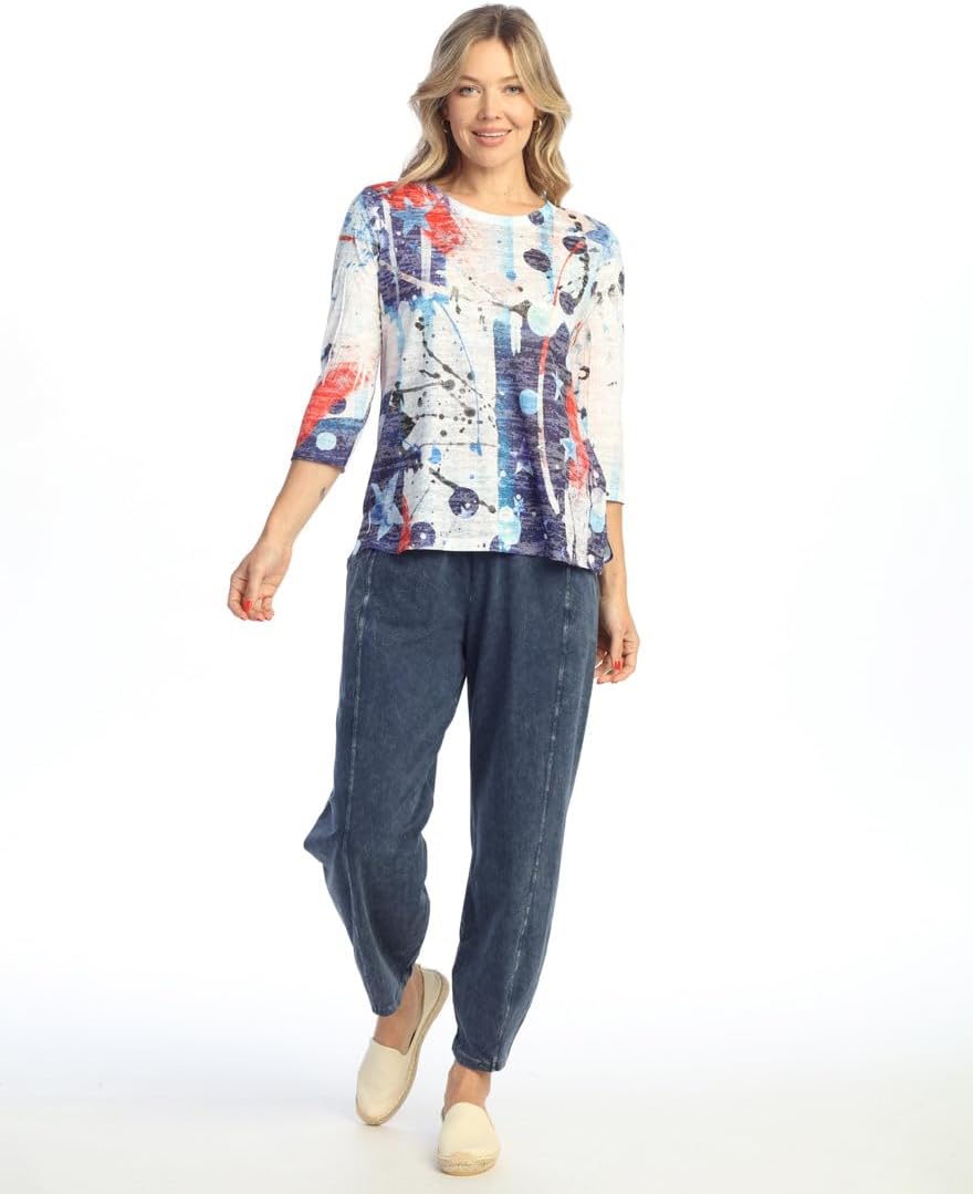 Jess & Jane Abstract Print Crew Neck Side Slit Burnout Top - 44 - Image 2