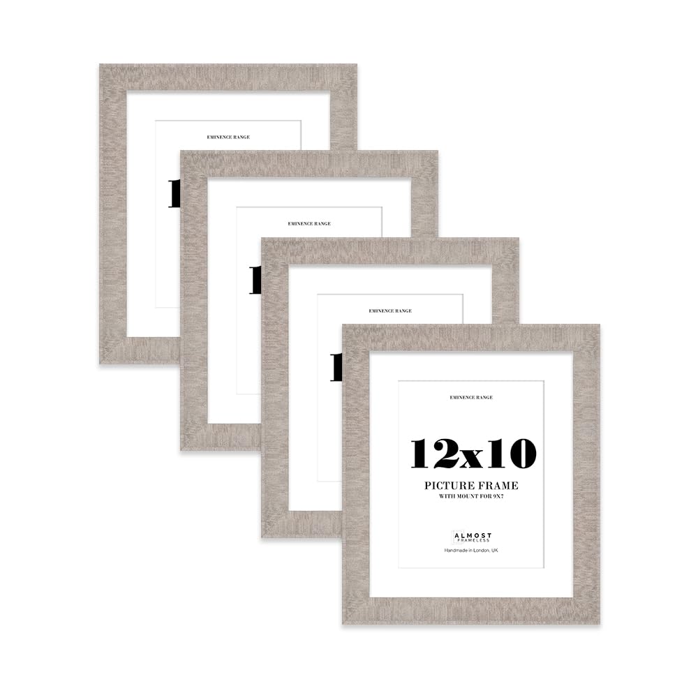 12x10" Grey Picture Frame with 9x7" Mount - Shabby Chic Photo Frame with Distressed Finish, Wall Hooks and Kickstand, 32mm Edge - 4 Pack