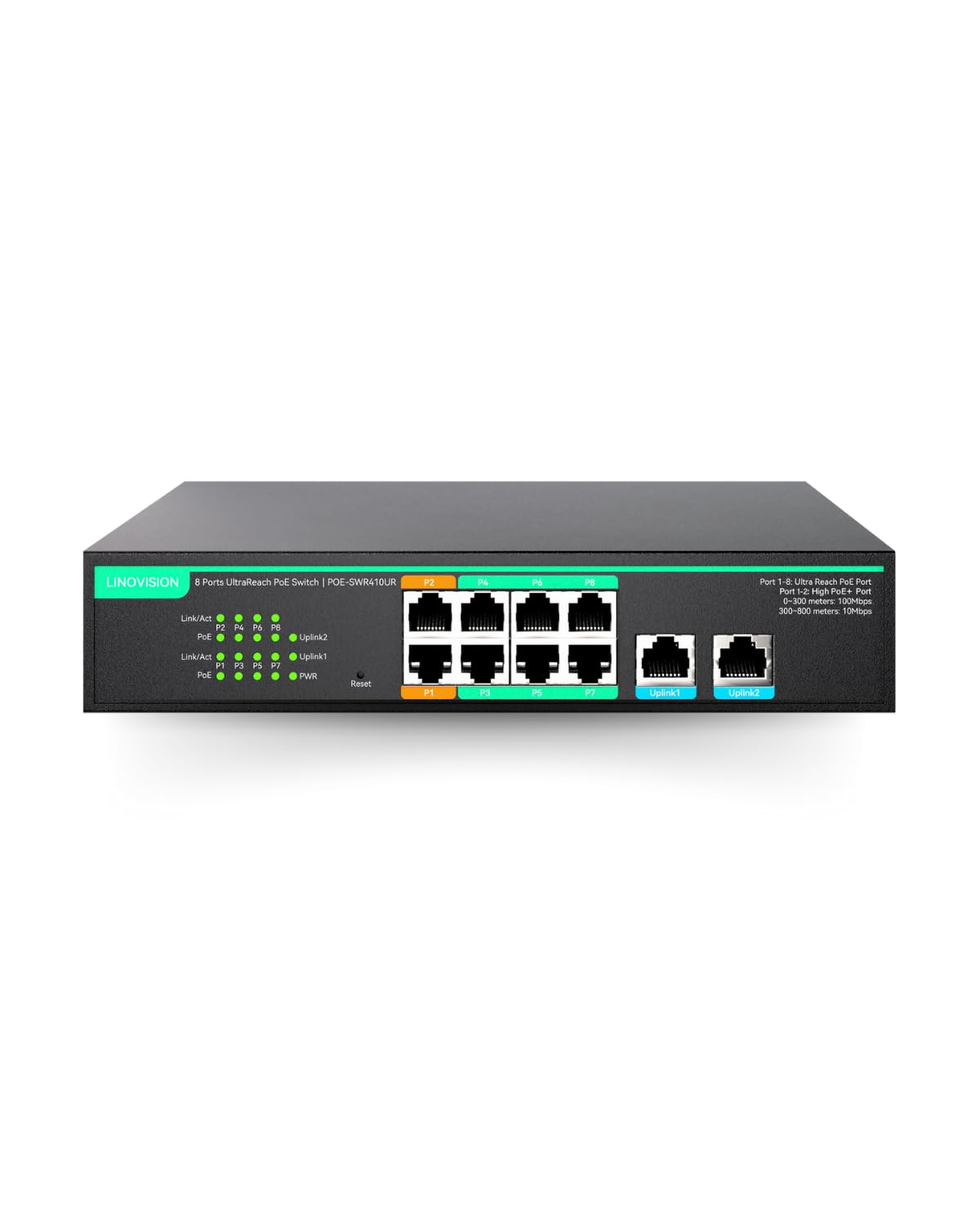 LINOVISION 8 Ports UltraReach PoE Switch Max 800m (2600ft) Long-Range PoE, 2 High PoE+ Ports, Gestion Cloud à Distance, Alimentation 110W Intégrée pour CamérasIP, PTZ, Points d'Accès et Téléphone VoIP
