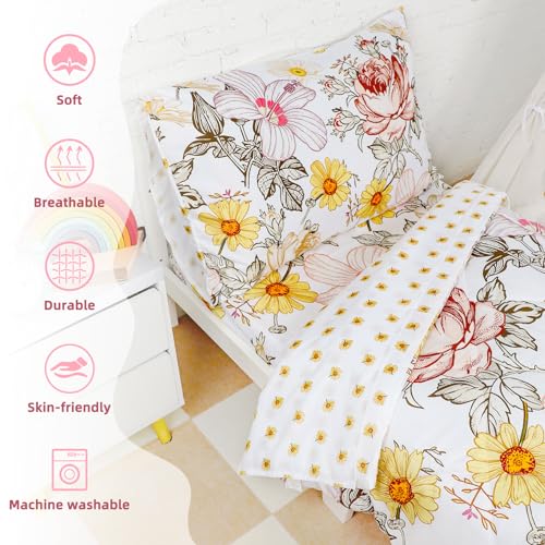 Image of Toddler Bedding Set for Girls, 4 Piece Toddler Comforter Bed Sets, Ultra Soft Breathable Vintage Crib Bedding Set for girls with Flat Top Sheet, Quilted Comforter, Fitted Sheet and Pillowcases, Floral