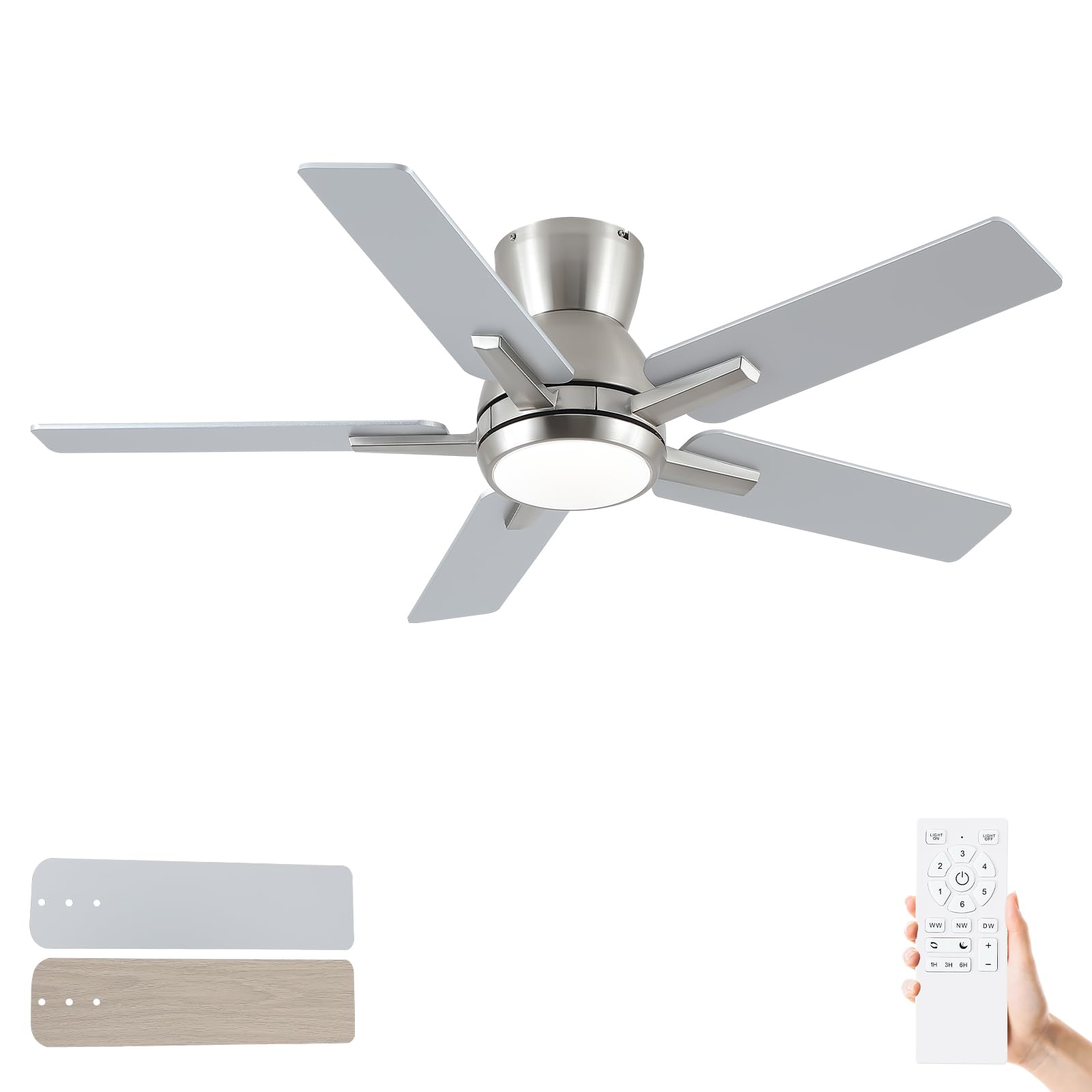 Sevenine 42 Inch Brushed Nickel Flush Mount Ceiling Fans with Lights and Remote, Low Profile Nickel Ceiling Fans for Bedroom Living Room Patio Porch,