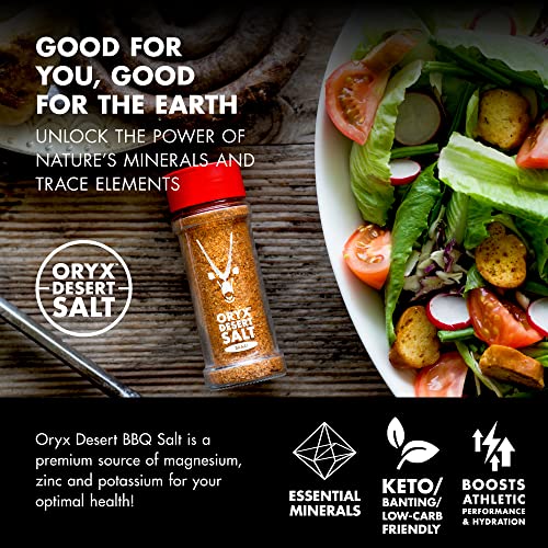Oryx Bbq Desert Salt - Bbq Rub Spice Mix Of Kosher Salt, Smoked Salt, Coriander, Rosemary, Paprika, Turmeric & Garlic - Naturally Organic Gourmet Seasoning Shaker, Glass -Kalahari Desert Salt, 2.29 Oz #TOP1