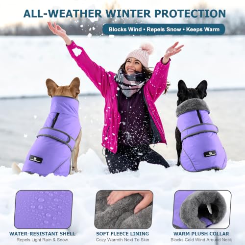 Image of Dogcheer Dog Coat, Waterproof Dog Jacket Reflective Pet Winter Coat with Adjustable Hook & Loop, Christmas Puppy Fleece Jacket Warm Turtleneck Snowsuit for Small Medium Large Dogs - Taro Purple, 2XL