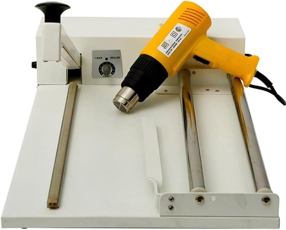 Handheld shrink wrap heat gun, machine with, sealer seals simultaneously