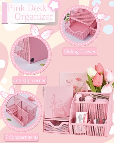 23pc Pink Desk Accessories and Organizers With Mesh Organizer Stapler Tape Dispenser Calculator and a Lot of Office Pink Office Supplies Beautifully Presented in a Gift Box - Image 4