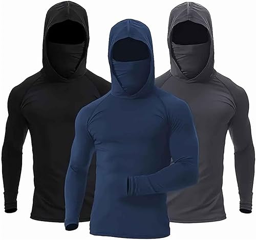 Juego de camisas atléticas con capucha de 3 piezas, camisetas de rendimiento de manga larga con cubierta facial integrada, color negro, azul marino