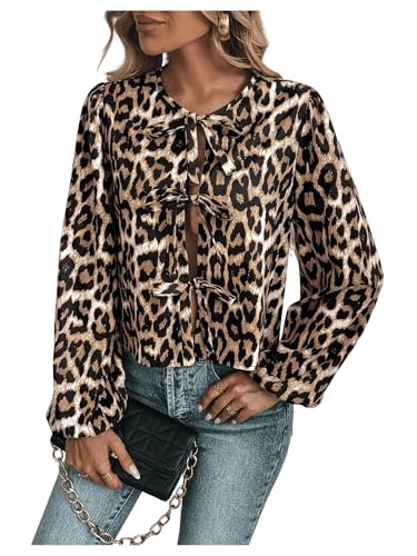 GORGLITTER Damen Blusen Leopardenmuster Oberteil Langarmshirt Casual Bluse Hemdbluse Langarm Tops mit Schleifen Braun M