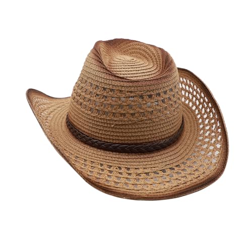 Image of Straw Cowgirl Hat for Women Cowboy Hats for Men Wide Brim Sun Hat Shapeable Western Hat Beach Hat