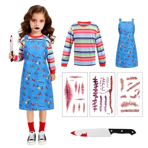 YUIQPKJX 5 Pcs Creepy Doll Costume for Kids, Boys Girls Creepy Doll Costumes Jumpsuits Accessory Knife Sticker Halloween Mardi Gras Cosplay Prop (Girls, X-Large) by YUIQPKJX - Image 2