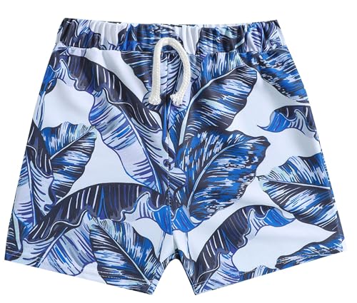 KEOYA Baby Boys Swim Trunks Infant Boys Swim Shorts Leaf Prints Swimsuit Trunks Toddler Boys Beach Shorts Blue 3-4Y
