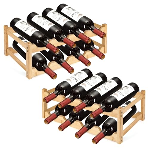 Jbnausoy 2 Pack Wine Racks, 2-Tire Bamboo Wine Rack, Wine Rack for Inside Cabinet 16 Bottles Wine Storage Holder Liquor Bottle Display Shelf Suitable for Bar,Home,Kitchen,Cellar Basement,Restaurant