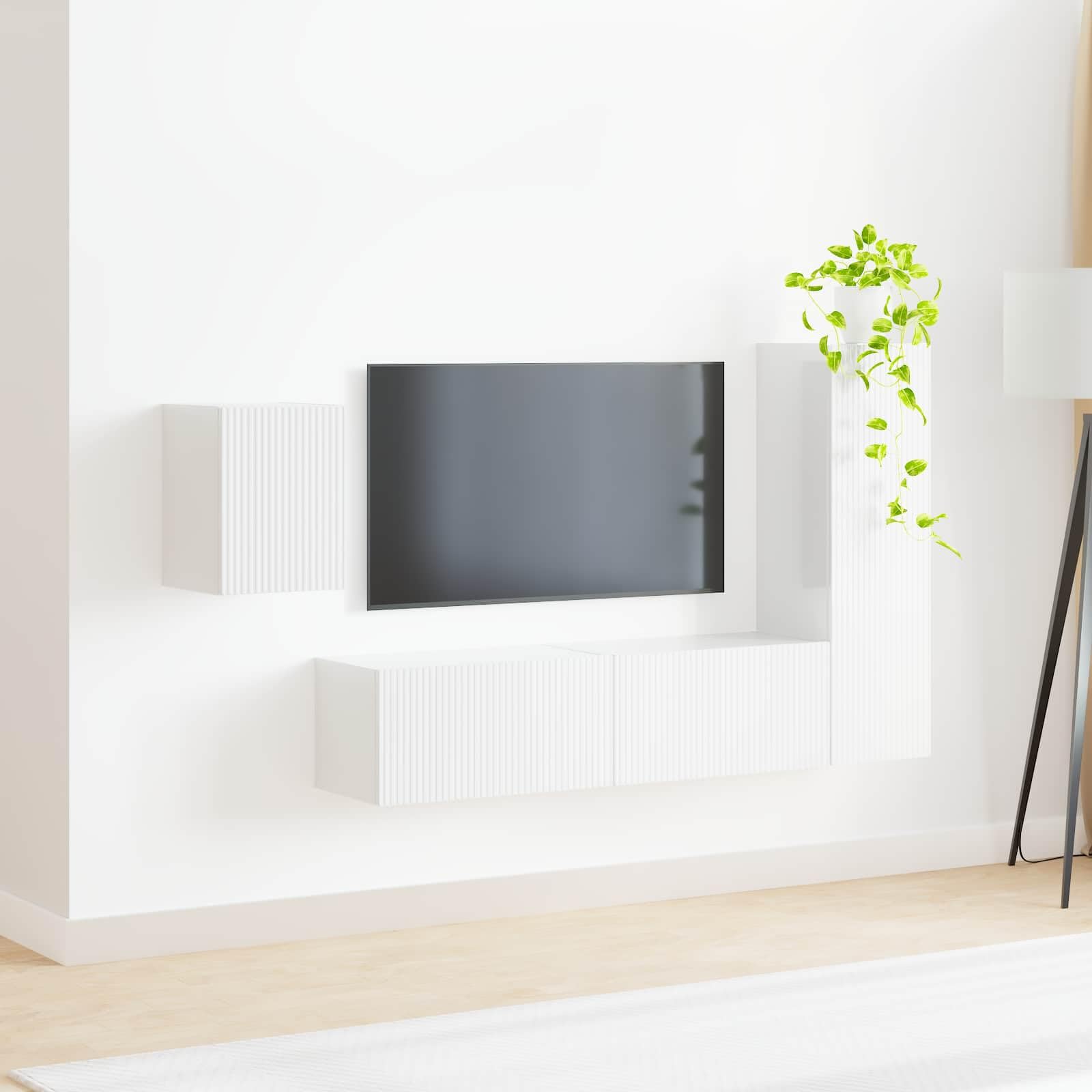 TV-Schrankset Wandmontiert 4-teilig, Hochglanz Weiß Holzwerkstoff, Modernes Media Center für Wohnzimmer, 30x31x100cm