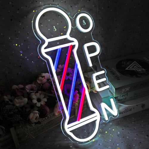 Barbershop Open Neon Sign Hair Salon Supplies Neon Lights Wall Decor for Barbershop, Barber Pole Logo Barber Shop Barber Supplies, Barber Accessories, Dimmable USB Power Blue Red White(16.5