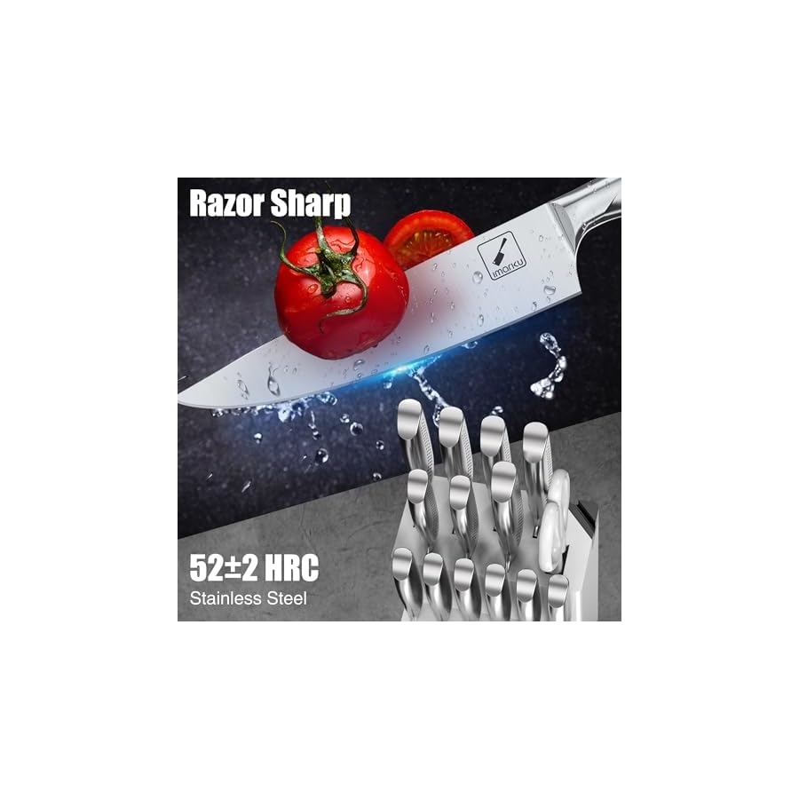 imarku Knife Set, Japanese HC Stainless Steel 15 PCS Kitchen Knife Set With Block With Built-in Sharpener, Razor-Sharp Blade Knife Block Set With Dotted Ergomomic Handle, Birthday Day Gifts, White