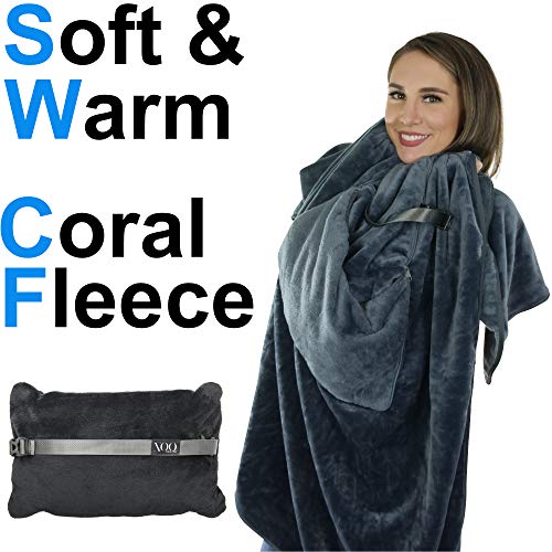 Xoqute Premium Coral Fleece Travel Pillow Blanket 2 In 1 | Compact Travel Blanket And Pillow Set | Travel Pillow And Blanket Set | Airplane Blanket | Portable Blanket Pillow | Compact Blanket (Black) #TOP6