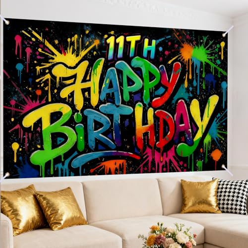 Image of Nuxovilar 11th Birthday Banner Polyester Graffiti Backdrop Decor 71 inchx43