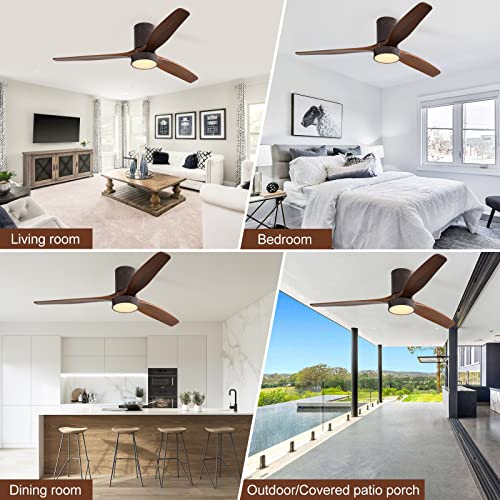 Rela Mall 52 Inch Low Profile Ceiling Fan, Flush Mount Ceiling Fans With Lights Remote Control,Modern Ceiling Fan With 3 Reversible Solid Wood Blades Noiseless Reversible Dc Motor,Brown #TOP1