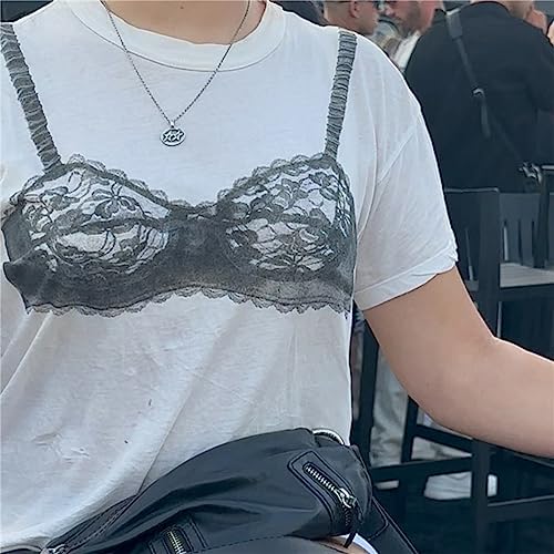 y2k Loose White T-Shirt Chic Lace See-Through Corset Print Short Sleeve Crewneck Women's Crop Top Casual Streetwear Tees3