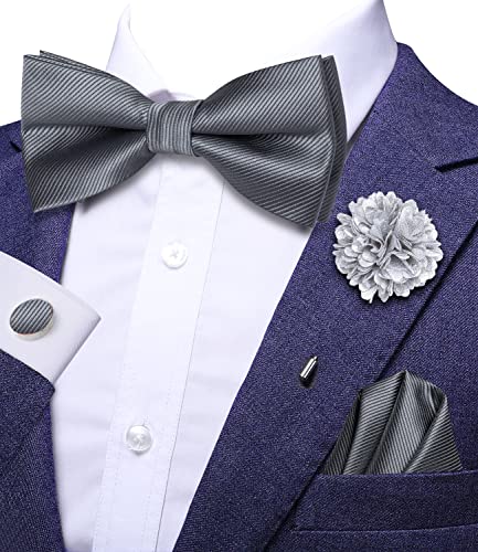 Image of Hi-Tie Dark Gray Mens Pre-Tied Bow Tie and Pocket Square Lapel Pins Cufflinks Mens Bowtie Sets for Wedding Formal Party