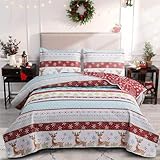 Christmas Quilt Set Queen Size (90 x 90 Inches) Deer Snowflakes Christmas Décor Bedding Sets Coverlet Bedspread,Xmas Bedroom Decoration, Striped Printed Pattern Chrimbo New Year Ornaments