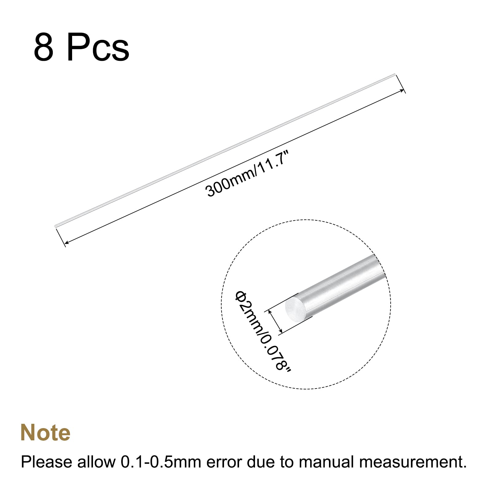 MECCANIXITY Round Solid Aluminum Rod 2mm Diameter 300mm Length Lathe Bar Stock for DIY Craft Pack of 8